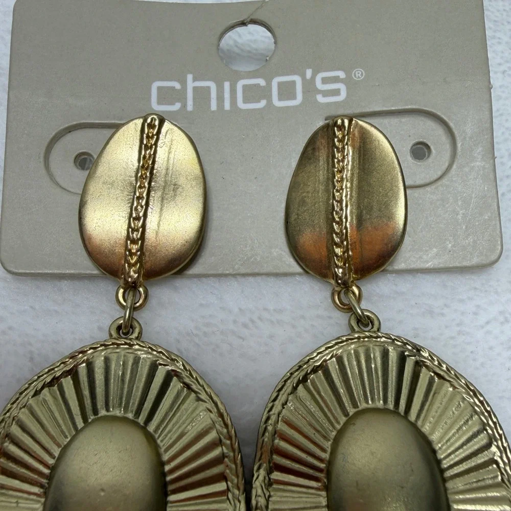 Chico's Matte Gold Tone Oval Sunburst Drop Dangle Statement Earrings Mature NWT‎